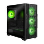 Enermax bilgisayar kasası, 3 adet yeşil LED'li soğutucu fan ile donatılmış, şeffaf ön panel ve geniş iç hacim ile yüksek performanslı oyun ve çalışma sistemi için ideal.