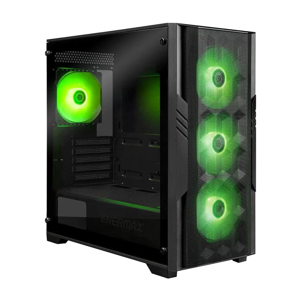 Enermax bilgisayar kasası, 3 adet yeşil LED'li soğutucu fan ile donatılmış, şeffaf ön panel ve geniş iç hacim ile yüksek performanslı oyun ve çalışma sistemi için ideal.