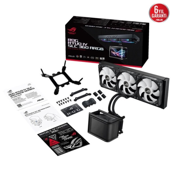 Yüksek performanslı ROG RYUO IV SLC 360 ARGB sıvı soğutucu paket içeriği ve kurulumu, gaming ve overclock odaklı ASUS ROG serisi işlemci soğutma ürünleri, detaylı montaj ve teknik özellikler.