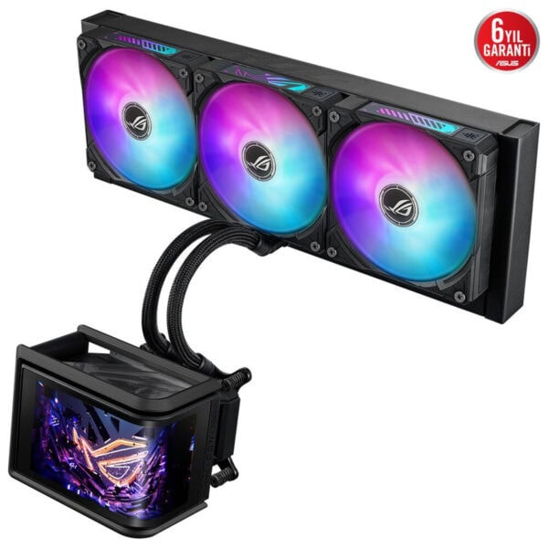 Yüksek performanslı ASUS ROG su soğutmalı bilgisayar işlemcisi, renkli LED aydınlatmalı fanlar ve gelişmiş soğutma teknolojisi ile oyun ve hız tutkunlarına özel tasarım.