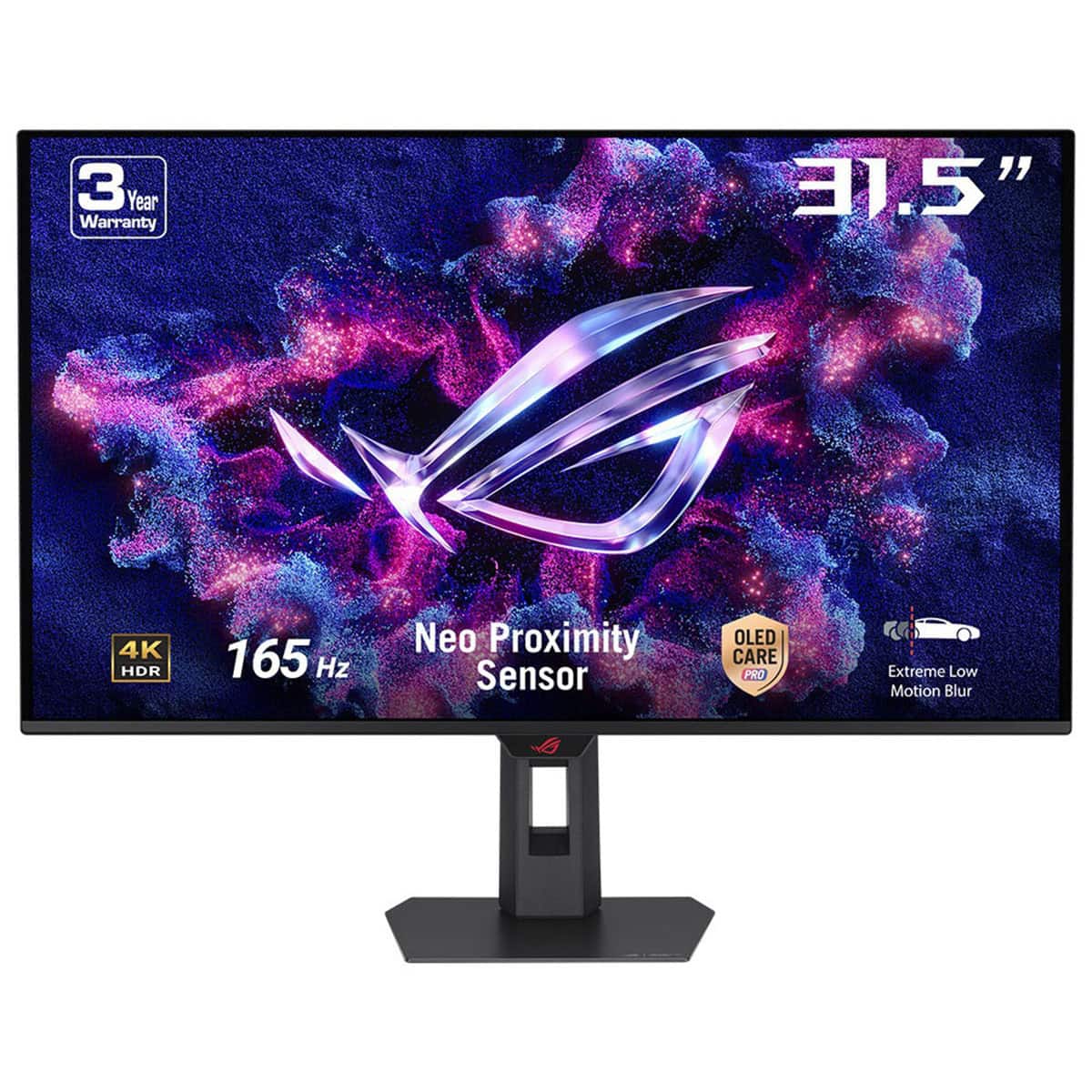 Görüntüde 31.5 inç oyun monitörü, renkli kozmos teması ve ROG logosu ile yüksek çözünürlüklü ekran, 4K HDR ve 165 Hz yenileme hızı özellikleriyle profesyonel oyunculara yönelik tasarım. Monitör Neo Proximity Sensör ve OLED CARE PRO teknolojisi ile geliyor, düşük hareket bulanıklığı sağlıyor ve 3 yıl garanti sunuyor. Ayrıca, ekstrem düşük hareket bulanıklığı ve gelişmiş oyun deneyimi sunan yüksek performanslı bir oyuncu monitörü.