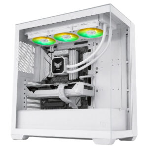 Beyaz gaming kasası içi sıvı soğutucu ve RGB fanlar, yüksek performanslı bilgisayar bileşenleri ile donatılmış.