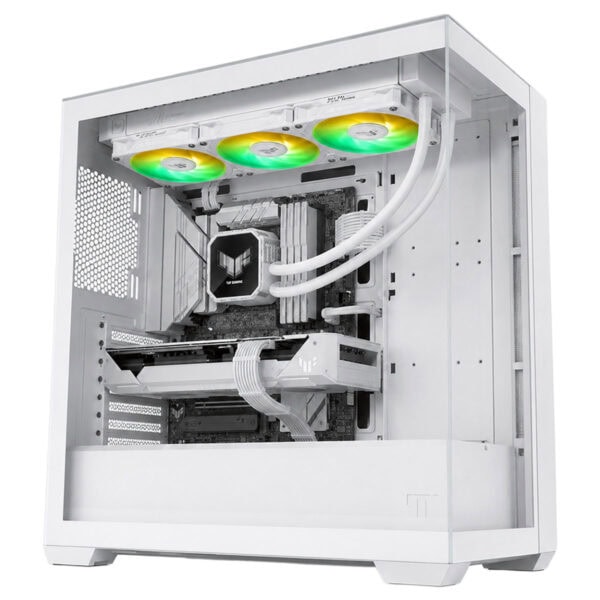 Beyaz gaming kasası içi sıvı soğutucu ve RGB fanlar, yüksek performanslı bilgisayar bileşenleri ile donatılmış.