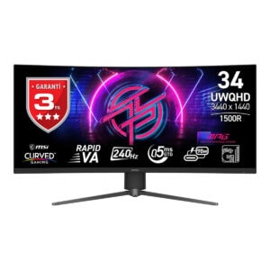 MSI MPG 346CQRF X24 34 inç 240Hz UWQHD Kavisli Gaming Monitör, 0.5ms tepki süresi, Adaptive Sync, Rapid VA panel, yüksek çözünürlük ve hızlı performans ile oyun deneyimini artırır.