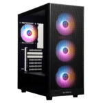 RGB aydınlatmalı üç fanlı bilgisayar kasası, şeffaf ön panel ve modern tasarım ile yüksek performanslı sistemler için ideal.