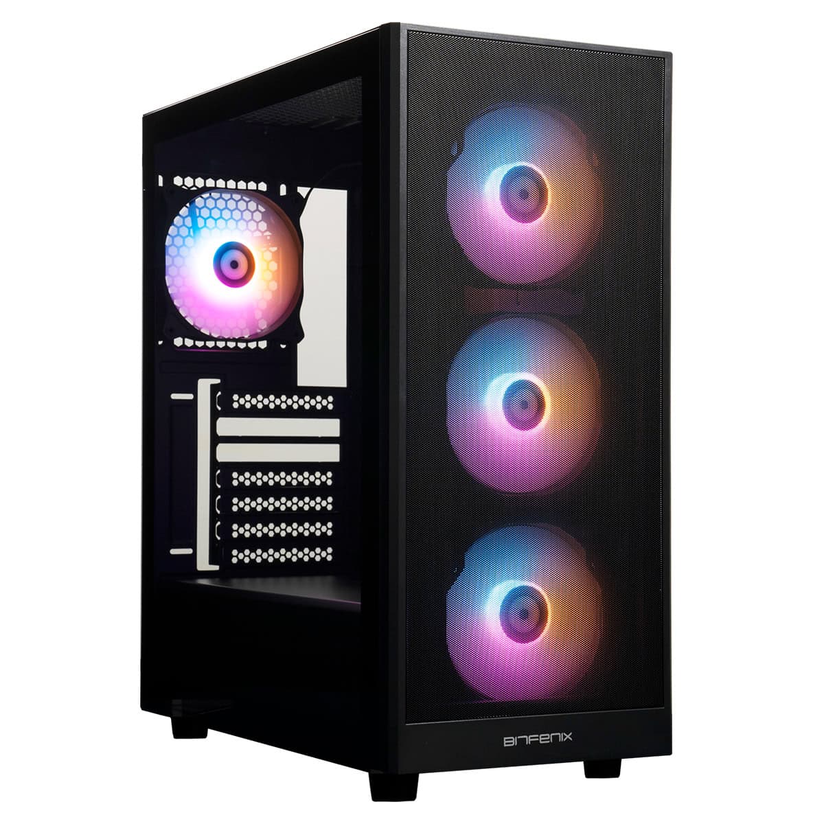 RGB aydınlatmalı üç fanlı bilgisayar kasası, şeffaf ön panel ve modern tasarım ile yüksek performanslı sistemler için ideal.