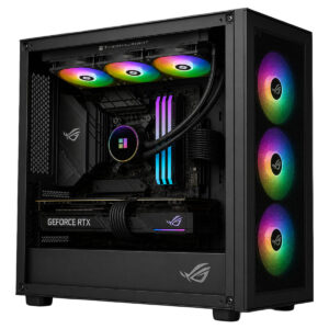 RGB aydınlatmalı Gaming bilgisayar kasası ve iç donanım detayları, yüksek performanslı işlemci ve ekran kartı ile şık tasarım.