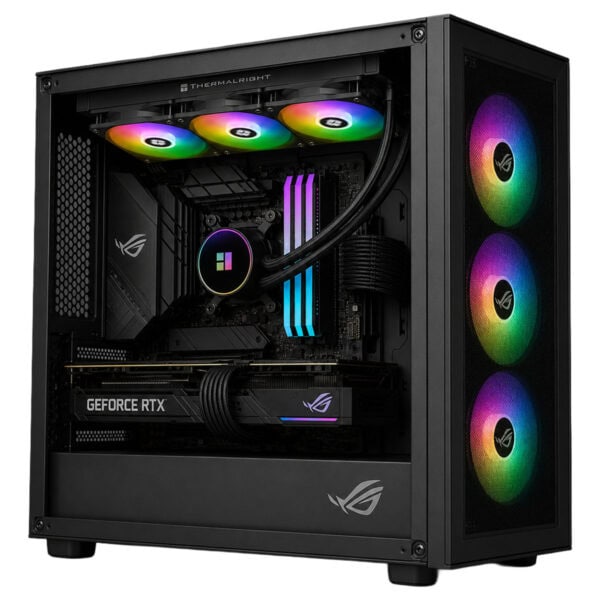 RGB aydınlatmalı Gaming bilgisayar kasası ve iç donanım detayları, yüksek performanslı işlemci ve ekran kartı ile şık tasarım.