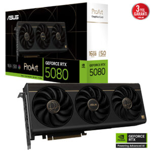 Göz alıcı ASUS ProArt NVIDIA GeForce RTX 5080 ekran kartı, yüksek performans ve oyun deneyimi için ideal, şık tasarım ve gelişmiş grafik teknolojileriyle donatılmıştır.