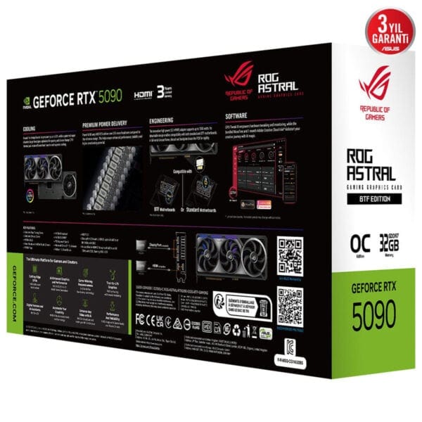 Yüksek performanslı Asus ROG Astral gaming ekran kartı 5090, gelişmiş soğutma sistemi ve 3 yıl garanti ile oyun ve yaratıcı içerik üreticileri için ideal.