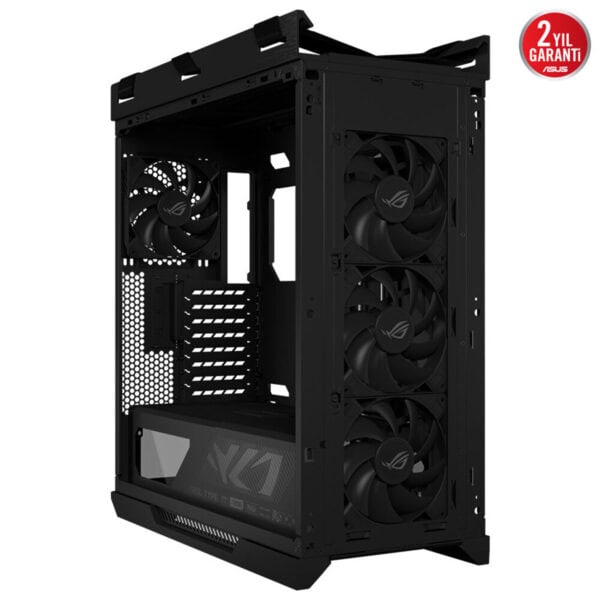 Yüksek hava akışlı gaming PC kasası, 3 adet ASUS ROG fan ile soğutma performansı, şık ve dayanıklı tasarım, 2 yıl garanti, oyun ve yüksek performans ihtiyaçlarına uygun.