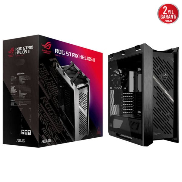 ROG Strix Helios II oyun kasası, yüksek performans ve şık tasarımıyla oyuncular için ideal, geniş iç hacimli ve iyi soğutma destekli kaliteli bilgisayar kasası.