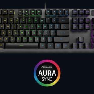 RGB aydınlatmalı oyun klavyesi, ASUS Aura Sync uyumlu, kırmızı, yeşil, mavi ve mor renklerle parlayan mekanik tuşlar, profesyonel gamerlar ve oyun tutkunları için ideal.