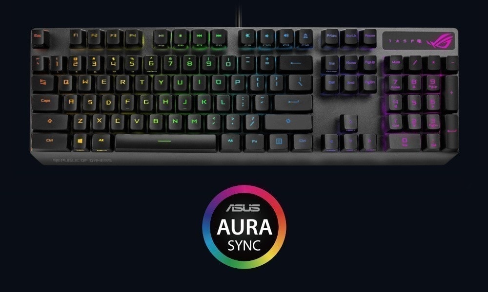 RGB aydınlatmalı oyun klavyesi, ASUS Aura Sync uyumlu, kırmızı, yeşil, mavi ve mor renklerle parlayan mekanik tuşlar, profesyonel gamerlar ve oyun tutkunları için ideal.