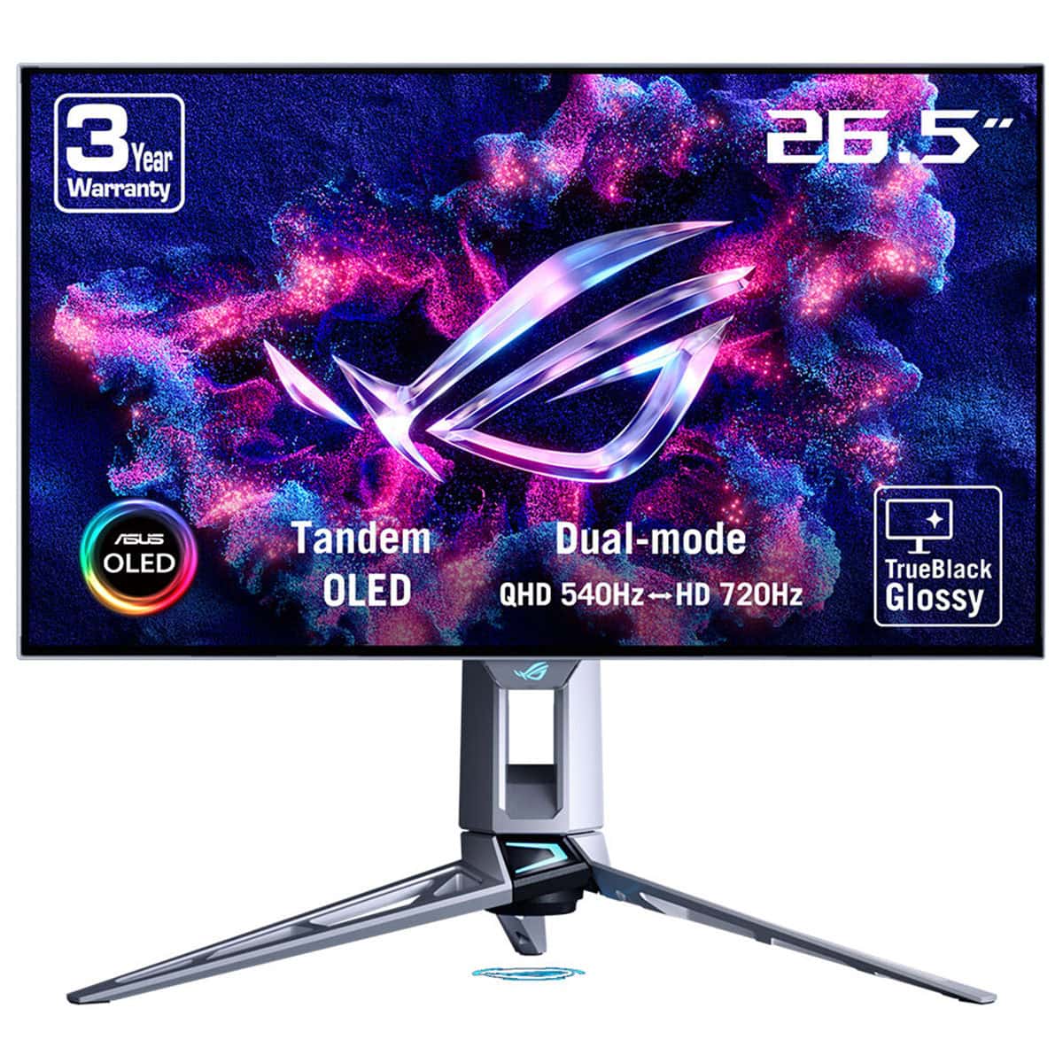 ASUS OLED 26.5 inç oyun monitörü, Dual-mode ve Tandem OLED teknolojisi ile yüksek çözünürlük ve ince tasarım sunar. 3 yıllık garanti, 540Hz-720Hz QHD hızları ve TrueBlack Glossy yüzey özellikleri ile üstün görsel deneyim sağlar.