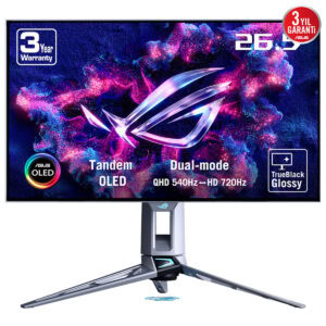 Alt Metin: ASUS ROG OLED monitör, 3 yıl garanti, 26.5" boyut, Dual-mode, QHD 540Hz-720Hz hızlarıyla yüksek performans ve görsel kalite sağlar.