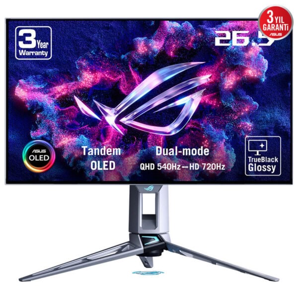 Alt Metin: ASUS ROG OLED monitör, 3 yıl garanti, 26.5" boyut, Dual-mode, QHD 540Hz-720Hz hızlarıyla yüksek performans ve görsel kalite sağlar.
