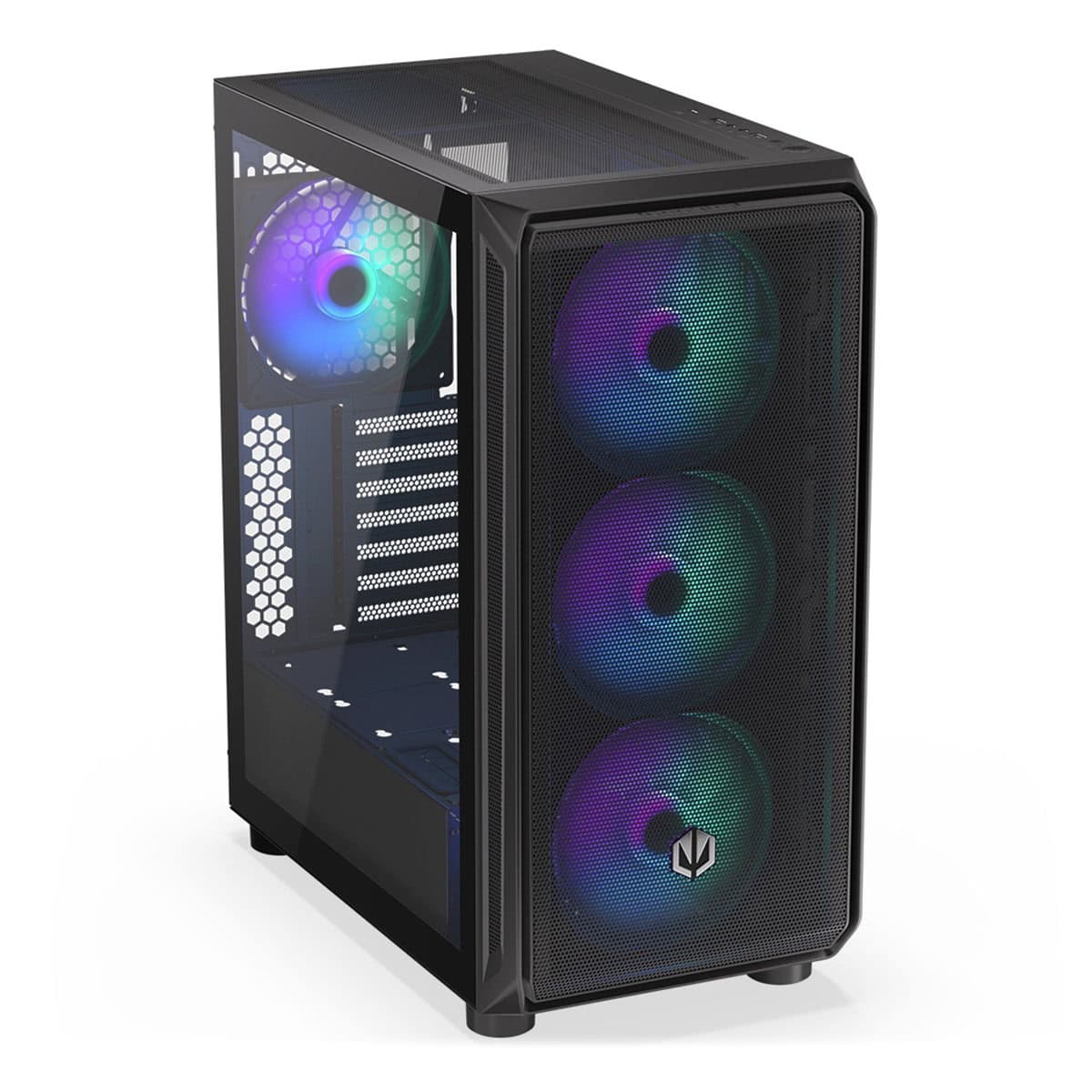Gelişmiş oyun bilgisayarı kasası, RGB aydınlatmalı fanlar ve yüksek performanslı iç donanım ile donatılmış, oyun tutkunları için ideal, şık ve dayanıklı masaüstü bilgisayar kasası.