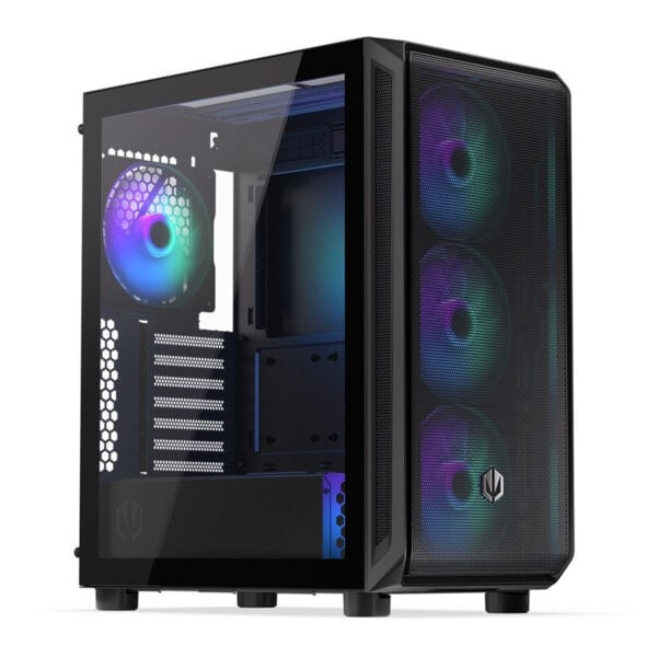 RGB aydınlatmalı görünümlü oyun bilgisayarı kasası, şeffaf yan panel, yüksek performanslı bilgisayar donanımı, gaming ve streamerlar için ideal, soğutmalı ve modern tasarım, yüksek gaming performansı ve estetik, bilgisayar donanımı ve PC oyunları için uygun.