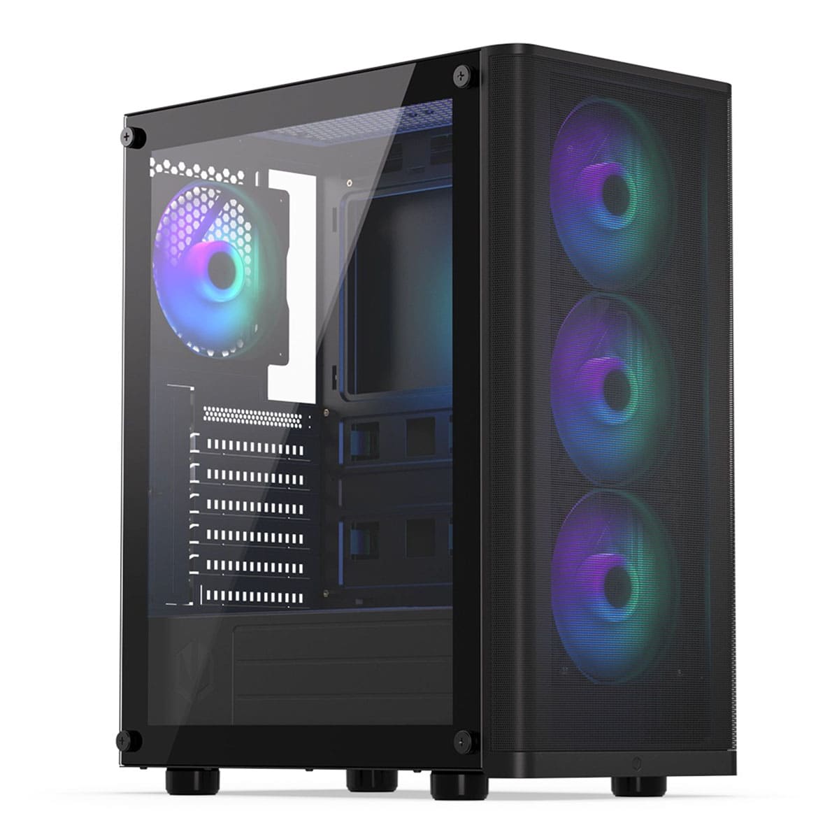 Yüksek performanslı oyun bilgisayarı kasası RGB aydınlatmalı fanlarla şık tasarım, yüksek grafik ve işlem gücü için ideal, oyun ve profesyonel kullanım için uygun, dayanıklı ve estetik bilgisayar kasası.