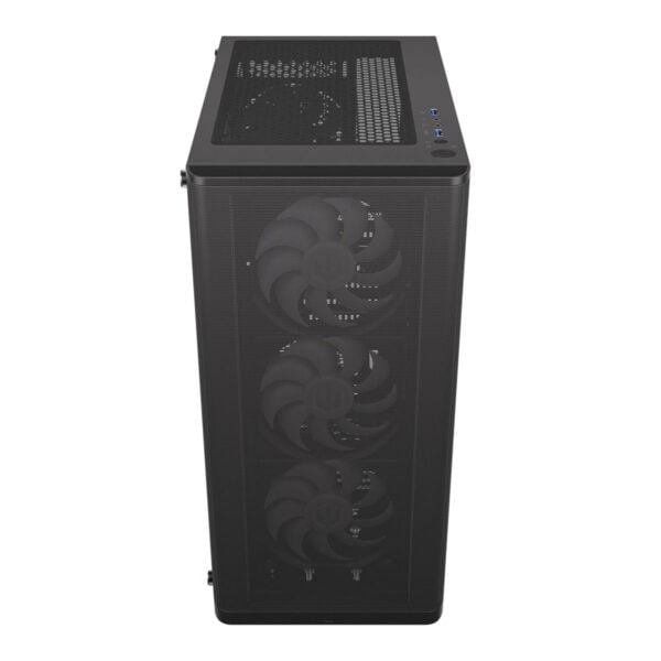 Yüksek performanslı PC kasa, ön yüzeyde üç büyük fansız havalandırma, RGB LED aydınlatmalı ve geniş iç hacimli, gelişmiş soğutma sistemine sahip, bilgisayar oyunları ve donanım tutkunları için ideal.