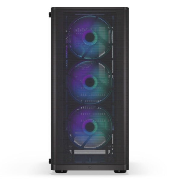 Yüksek performanslı oyun bilgisayarı soğutucu sistemi ve RGB aydınlatmalı fanlerle donatılmış, güçlü ve şık tasarıma sahip gaming kasa, masaüstü bilgisayar donanımı ve oyun deneyimi için ideal.