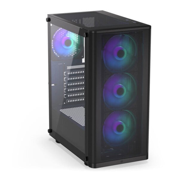 Yüksek performanslı gaming bilgisayar kasası, RGB aydınlatmalı soğutucu fanlar ve şeffaf cam panel ile şık tasarım. Oyun ve yüksek grafik performansı için ideal PC kasa modeli.