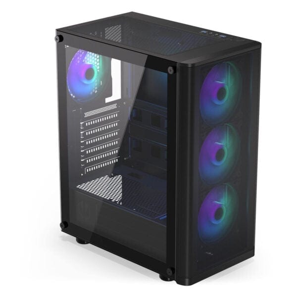 Yüksek performanslı oyun bilgisayarı kasası, RGB aydınlatmalı fanlı, şeffaf panel ve gelişmiş soğutma sistemi ile oyun ve bilgisayar meraklıları için ideal.