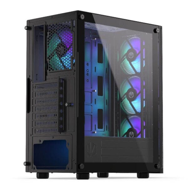 Yüksek performanslı oyun bilgisayarı kasası RGB aydınlatmalı fanlar ve şeffaf cam panel ile modern tasarım. Gaming ve yüksek grafik performansı için ideal, geniş iç alan ve soğutma özellikleriyle donatılmış.
