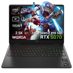 Yüksek performanslı gaming dizüstü bilgisayar, AMD Ryzen 9, RTX 5070 ekran kartı, 32GB DDR5 RAM, 2TB SSD, 16 inç ekran, 240Hz yenileme hızı ve RGB klavye özellikleriyle oyun tutkunlarına özel.