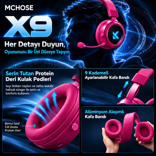 Mchose X9 Rose Red 7.1 Surround Kablosuz Gaming Kulaklık (hw X9 3) 3