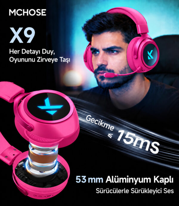 Mchose X9 Rose Red 7.1 Surround Kablosuz Gaming Kulaklık (hw X9 3) 4