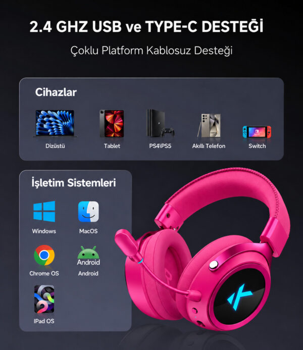 Mchose X9 Rose Red 7.1 Surround Kablosuz Gaming Kulaklık (hw X9 3) 6