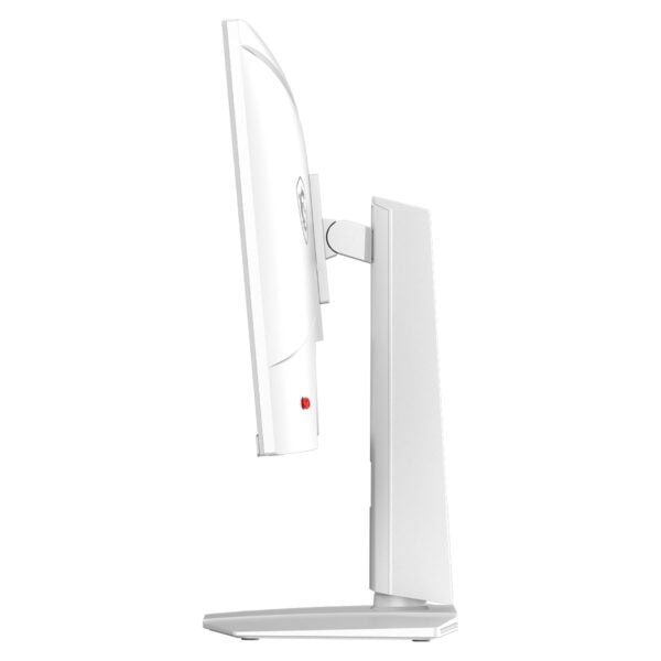 Yüksek çözünürlüklü beyaz monitör ve stand, modern tasarımıyla dikkat çekiyor, bilgisayar oyunları ve genel kullanım için ideal, ergonomik tasarım ve net görüntü kalitesi sunar.