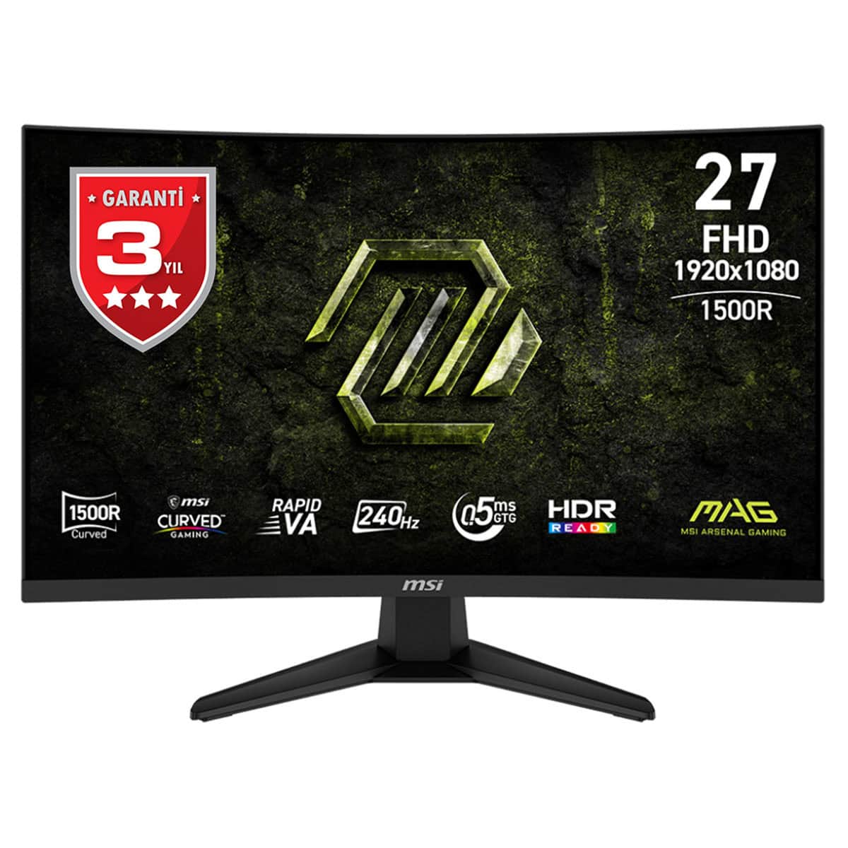 Yüksek çözünürlüklü MSI monitör, 27 inç FHD 1920x1080 ekran, 240Hz yenileme hızı ve HDR desteği ile oyun ve multimedya deneyimini arttırır. MSI Arsenal Gaming serisi, şık tasarımıyla masaüstünüzü tamamlar.