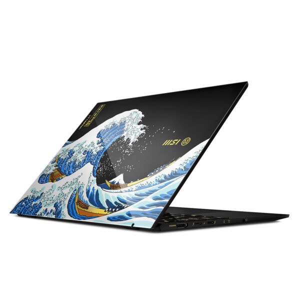 Canlı renkli Hokusai dalga tasarımı ile oyun ve dizüstü bilgisayar görseli, yüksek performanslı gaming laptop, şık ve modern tasarım, yüksek çözünürlüklü ekran, oyuncular için ideal özellikler.