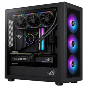 RGB aydınlatmalı soğutucu ve ekran kartı ile şık gaming bilgisayar iç tasarımı, yüksek performanslı donanım ve modern kasa tasarımı.