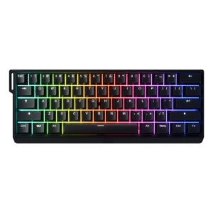 Renkli RGB arka LED ile aydınlatılmış oyuncu mekanik klavye, siyah tuşlar ve kompakt tasarım, bilgisayar oyunları ve ofis kullanımı için ideal.