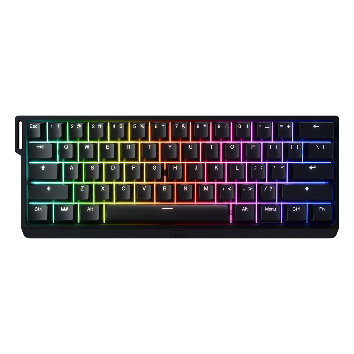 Renkli RGB arka LED ile aydınlatılmış oyuncu mekanik klavye, siyah tuşlar ve kompakt tasarım, bilgisayar oyunları ve ofis kullanımı için ideal.