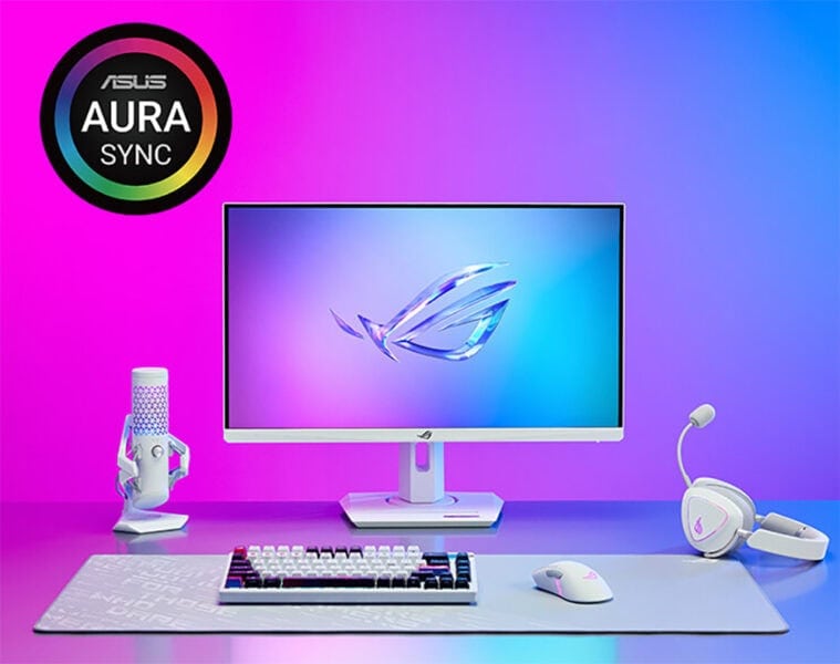 ASUS ROG bilgisayar ekranı, RGB klavye, kulaklık ve mikrofon, oyun ve yarışma ortamları için üst düzey gaming donanımı, renkli ve modern tasarım, yüksek performans, oyun severler için ideal setup.