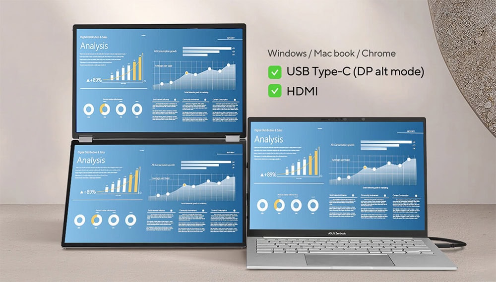 ZenScreen Duo OLED MQ149CD USB Tip-C ve HDMI bağlantısıyla dizüstü bilgisayarların çoklu ekran desteği. Ayrıca, Windows, MacBook ve Chrome uyumlu, taşınabilir ve yüksek performanslı analiz cihazı.