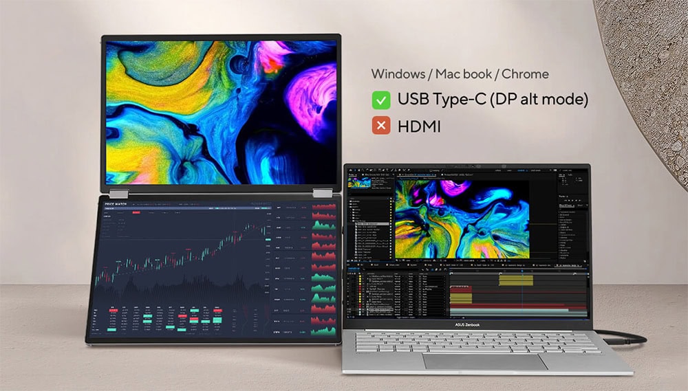 ZenScreen Duo OLED MQ149CD Yüksek çözünürlüklü ekranlı dizüstü bilgisayar ve harici ekran, oyun ve grafik tasarım için ideal, USB Type-C bağlantısı ve HDMI desteği ile yeni nesil teknolojik ürünler.