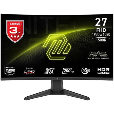 Yüksek çözünürlüklü MSI monitör, 27 inç, 1920x1080 FHD, 1500R kavisli ekran, 200Hz yenileme hızı ve HDMI HDR uyumluluğu ile oyun performansını artırır, oyunseverler için ideal.