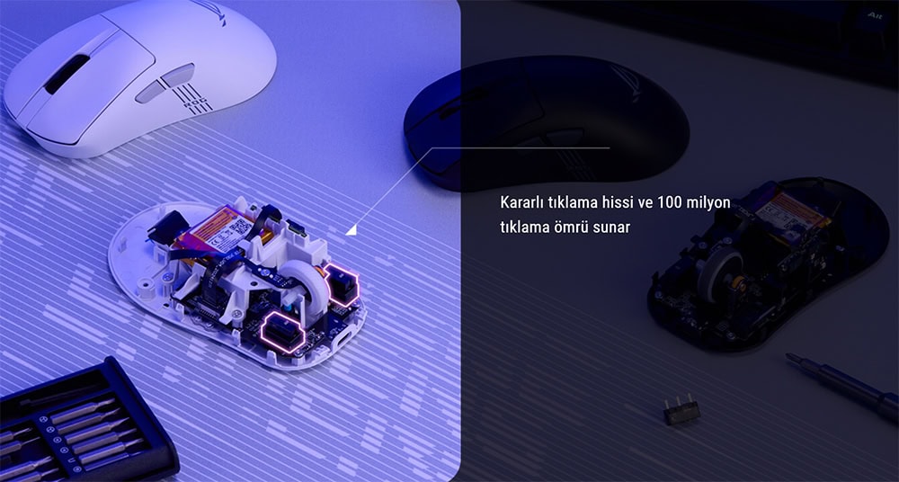Kararlı tıklama hissi ve 100 milyon tıklama ömrü sunan gaming mouse iç yapısı.