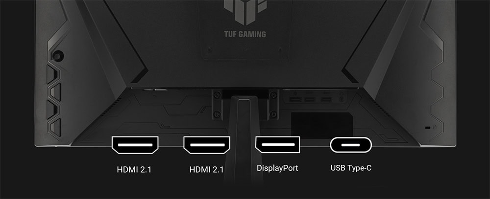 TUF Gaming VG27AQM5A Yüksek performanslı oyun monitörü bağlantı portları, HDMI 2.1, DisplayPort ve USB Type-C özellikleriyle profesyonel ve oyuncu kullanımı için optimize edilmiştir.