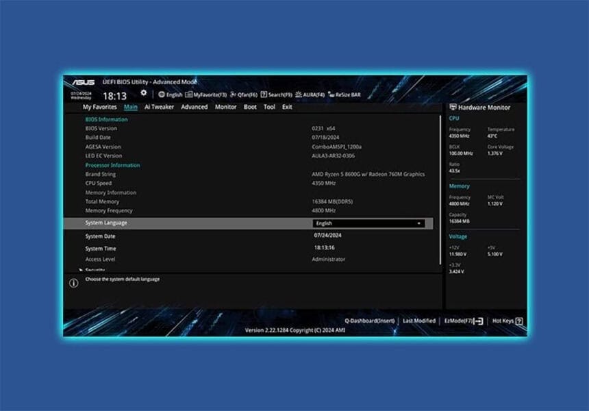 PRIME B850M-A-CSM ASUS BIOS bilgi ekranı, AMD Ryzen 5 işlemcili ve Radeon 760M grafik kartlı gaming bilgisayarı özellikleri ve sistem bilgileri gösteriliyor.