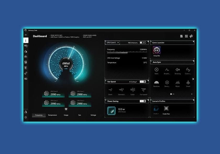 PRIME B850-PLUS WIFI Yüksek performanslı bilgisayar işlemci ve soğutma ayarlarını gösteren ekran görüntüsü, oyun performansı ve sistem optimizasyonu için ideal performans izleme aracı.