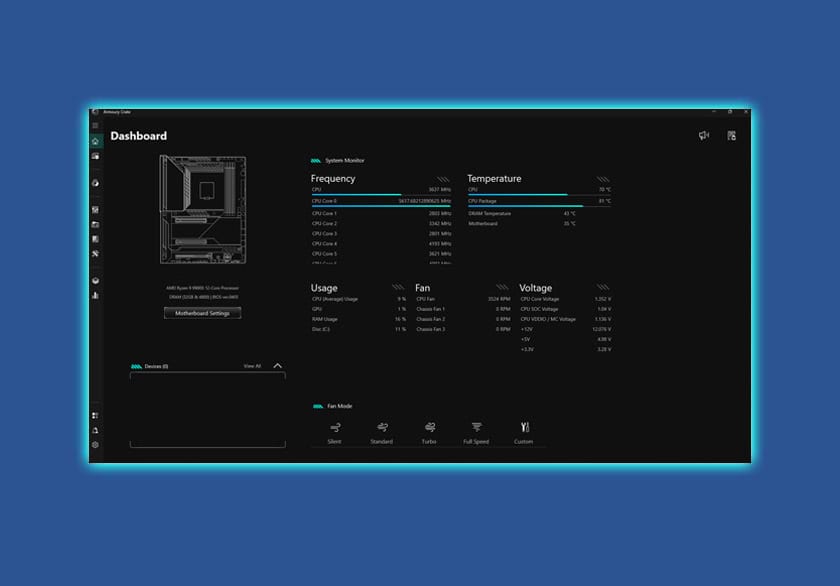 PRIME B850M-A-CSM CPU sıcaklık ve performans izleme ekranı, bilgisayar sistem yönetimi ve donanım monitörü, gelişmiş CPU ve fan değerleri göstergeleri, oyun ve bilgisayar donanımı detayları içeren görsel.