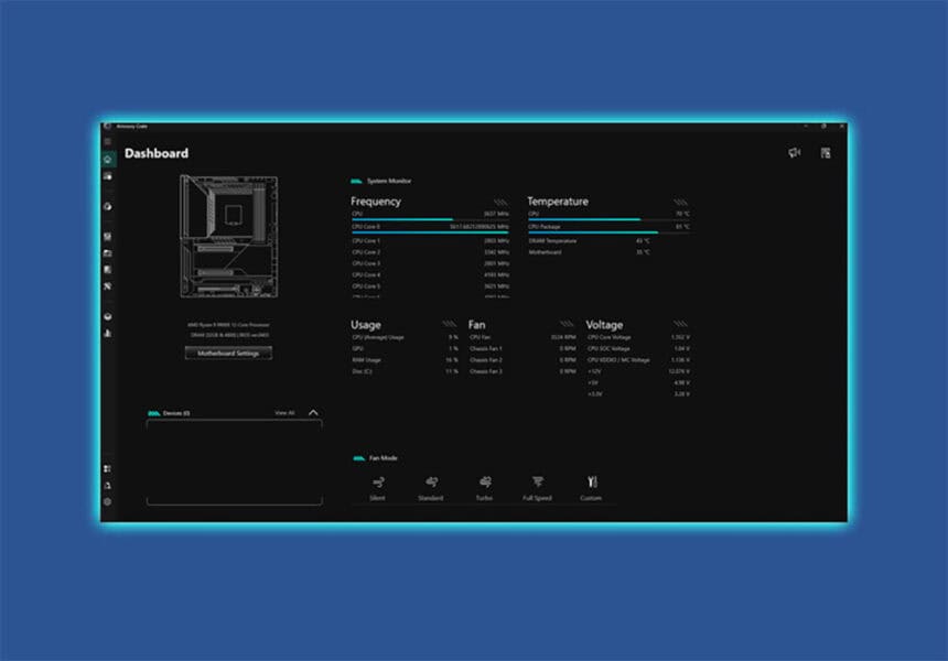 PRIME B850M-A WIFI Yüksek performanslı bilgisayar sistem izleme ekranı, CPU sıcaklıkları, frekanslar ve voltajlar gibi detayları gösteriyor, oyun ve donanım optimizasyonu için ideal.