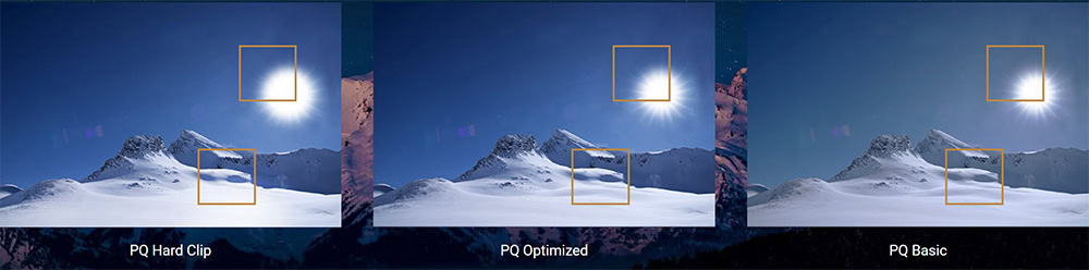 ProArt Display OLED PA27DCE-K Görüntüde karla kaplı dağlar ve gökyüzü, oyun grafik optimizasyon tekniklerini karşılaştırıyor. Üç farklı grafik modu: PQ Hard Clip, PQ Optimize, PQ Basic, yüksek kalite ve performans seçenekleri sunar.